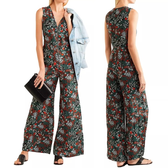 Maje Botanical Floral Print Jumpsuit Zip Front Wide Leg Green Red 38 Medium - Picture 1 of 10